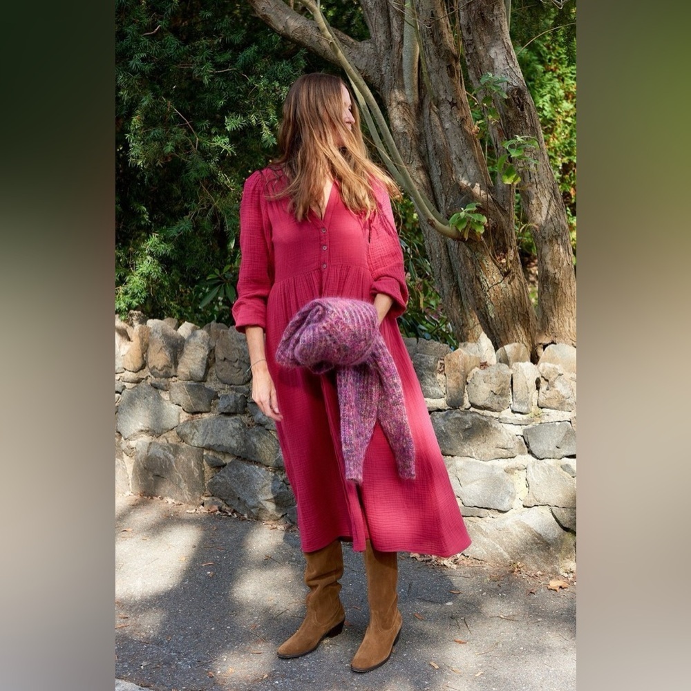 Xirena Gia Gauzy Cotton Long Sleeve Button Down Dress In Cranberry Sz M